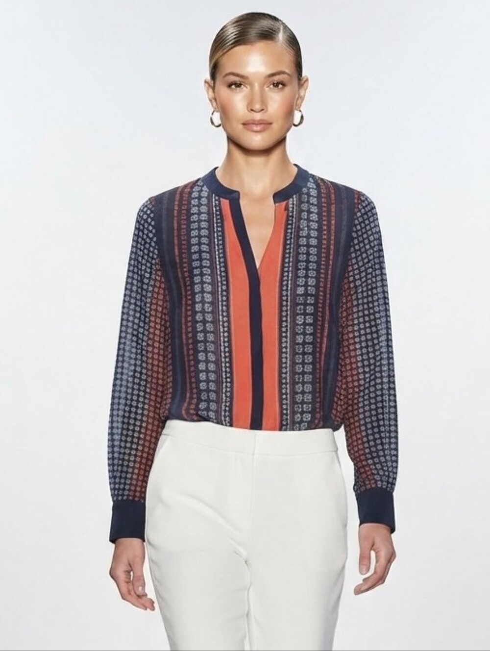 Sanctuary Clothing Navy Blue Geometric Orange Stripe Sheer Button Front Blouse S